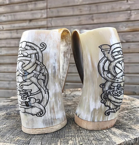 Viking Horn Mug Engraved Handcrafted Drinking Horn Mug Norse Dragon Knot Medieval Viking <b>Gift</b> - Product Image 1