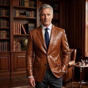 Handmade Finished Men's Cognac Embossed Cow Skin <b>Leather</b> Zipper Vintage Winter <b>Blazer</b> | Luxury Custom Tailored Suit <b>Jacket</b> - Product Image 6