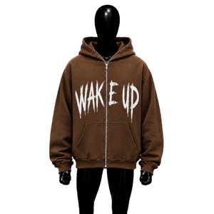 Sweat-shirt à capuche surdimensionné marron avec fermeture éclair, imprimé graphique Wake Up, streetwear pour homme, fermeture éclair intégrale, sweat-shirt à capuche décontracté, mode urbaine, hiver - Product Image 1