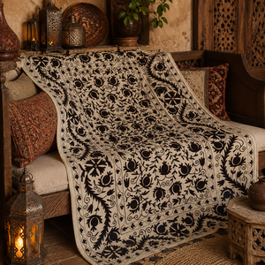 Couvre-lit en coton brodé Suzani de qualité supérieure, crème et noir, motif floral botanique bohème, décoration de chambre artisanale indienne - Product Image 3