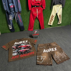 <b>Men's</b> Custom Streetwear Cropped T Shirt Shorts Set <b>Studded</b> Acid Wash 100% Cotton Screen Printed Summer Outfit - Product Image 2