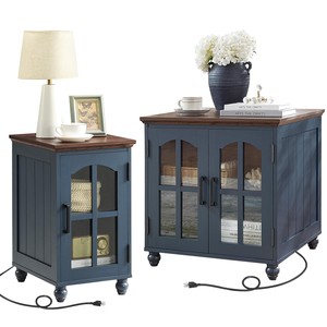 Mesa Auxiliar Rústica Azul Marino de Madera de Acacia con Puertas de Vidrio, Florero Hecho a Mano por Aqudus Saleem, Venta al por Mayor en India - Product Image 1