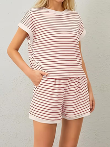 Women's Casual Fashion Loungewear Two-Piece Set Striped Color Block Jersey Soft T-Shirt Matching Elastic Waist Pocket Shorts - Product Image 4