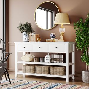 Retro Design <b>Pine</b> Solid Wood Console <b>Table</b> with Open Shelves and Legs for Living Room Decor - Product Image 1