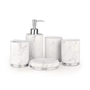 Minimalist Eco-Friendly Luxury resin <b>Bathroom</b> <b>Set</b> Rectangle White with Chrome Accents Easy to Clean <b>Soap</b> <b>Dispenser</b> Tumbler tray - Product Image 5