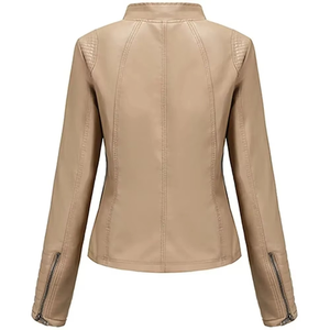 Women's PU Leather Moto Jacket Stand Collar Full Sleeve Zipper Closure Windproof Solid Color Autumn Wear - Product Image 2