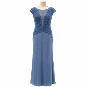 Elegant Dusty Blue Embroidered Evening Gown for Women Scoop Neck Cap Sleeve Formal Maxi Dress Party Wedding Guest Prom Dress - Product Image 1
