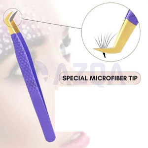 Pince à épiler pour extensions de cils en acier inoxydable, revêtement poudré violet, best-seller, avec pointe en fibre dorée pour l'application des cils - Product Image 2