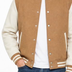 Veste varsity marron pour homme de haute qualité avec manches crème et poignets rayés, tenue décontractée - Product Image 2
