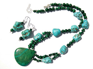 Natural Chrysocolla Malachite Turquoise Sterling Silver Plated Bohemian <b>Statement</b> <b>Necklace</b> with Snake Chain Handmade Jewelry - Product Image 2