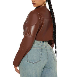 Chaqueta de Moto de Cuero Sintético Marrón para Mujer, Manga Larga, Cierre de Cremallera, Cuello Alto, Estilo Corto, Moda Otoñal - Product Image 4
