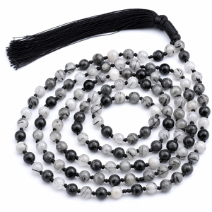 Cuentas de Cuarzo Rutilado para Mala, Collar de Oración de 108 Cuentas Anudadas a Mano con Borla de Seda para Meditación - Product Image 1
