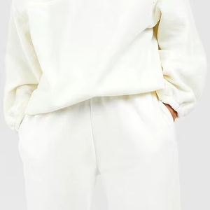 Conjunto de Pantalones y Sudadera Oversize Blancos con Cuello Abotonado, Manga Larga, Ajuste Holgado, Color Sólido, Casual, Transpirable, de Algodón para Primavera - Product Image 2