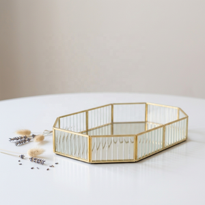 Manufacturers Luxury Gold Brass Framed Ribbed <b>Glass</b> Mirror Tray for Home Decorations - Product Image 1