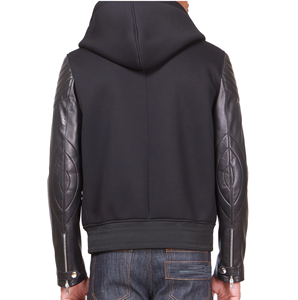 Hooded <b>Sweatshirt</b> With Leather Sleeves Zipper Front Motor Biker <b>Black</b> Leather Sleeve Hoodies French Terry Fleece Autumn Wear - Product Image 1