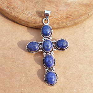 Pendentif Croix Vintage en Lapis Lazuli Plaqué Argent Antique, Base en Laiton, Bijou Unisexe Personnalisé, Cadeau, Sertissage Bezel, Vente en Gros - Product Image 3