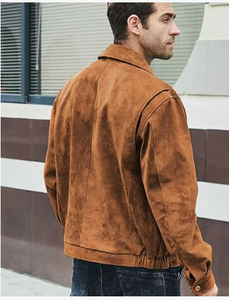 <b>Men's</b> <b>Brown</b> <b>Suede</b> Bomber <b>Jacket</b> Turn-down Collar Zipper Closure Casual Style Autumn Wear Regular Fit Solid Color Leather <b>Jacket</b> - Product Image 2
