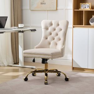 Silla de Oficina Moderna A a Furniture, Tapizada en Terciopelo con Botones, Base Metálica Dorada, Ajustable, para Uso en el Hogar o la Oficina - Product Image 1