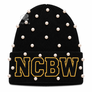 Gorro de Punto con Adornos de Perlas Negras para Mujer, de la Hermandad NCBW, con Letras Griegas Bordadas en Chenilla, Gorro Casual de Invierno - Product Image 1