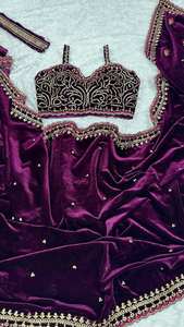 Sari Tradicional Indio de Terciopelo con Lentejuelas, Bordado con Hilos y Cintas para Bodas y Fiestas para Mujeres - Product Image 3