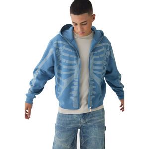 Vente en gros : Sweat à capuche en jean pour homme, design personnalisé, effet vieilli, délavé à l'acide, avec strass, coupe oversize, streetwear, fermeture éclair intégrale, hiver - Product Image 1
