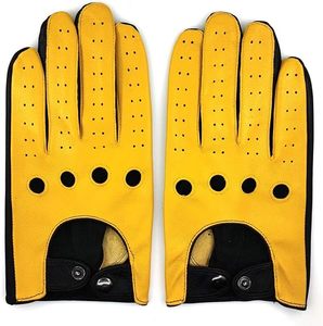 Guantes de Conducción de Cuero Genuino Perforado de Primera Calidad para Hombre, Clásicos Vintage Negros y Amarillos Transpirables - Product Image 4