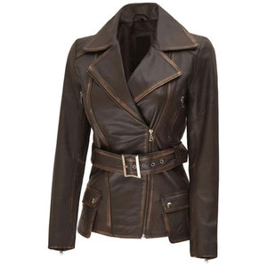 Chaqueta de Motera Asimétrica para Mujer, con Cinturón Ajustable, Estilo Desgastado, en Piel de Cordero Auténtica Hecha a Mano - Product Image 3