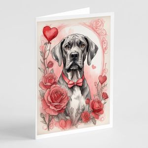 Great Dane Valentine Roses A7 Whimsical Tarjetas de felicitación en blanco Paquete de 8 con sobres 5x7 Tamaño de nota - Product Image 1
