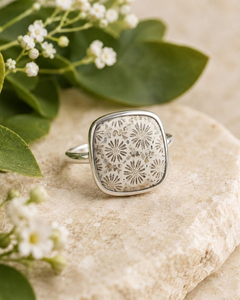 Natural Fossil Coral 925 Sterling Silver Handmade Cushion Shape Floral Adjustable Gemstone <b>Ring</b> for Women - Product Image 2