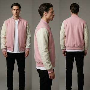 Chaqueta de lana rosa para hombre con mangas color crema, cuello y puños de punto acanalado, cremallera frontal completa, ropa de calle casual premium, prenda exterior personalizada de dos tonos. - Product Image 5
