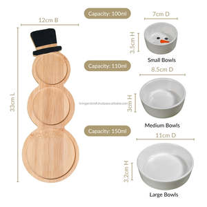 Ensemble de bols en céramique en forme de bonhomme de neige avec plateau en bois |   Plat de service pour collations de Noël pour la décoration de table de fête - Product Image 4