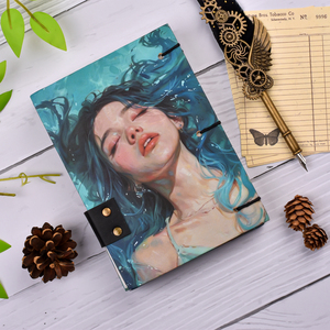 Carnet en papier fait main A5, design artistique portrait de fille, journal vintage |   Agenda écologique avec fermeture à bouton, livre recyclé - Product Image 2