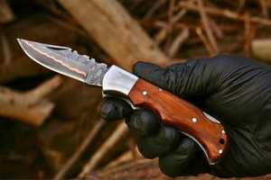 Couteau pliant à lame droite en cuivre Damas, fait main, ODM, couteau de poche, manche en bois de rose, Bushcraft, extérieur, EDC - Product Image 6
