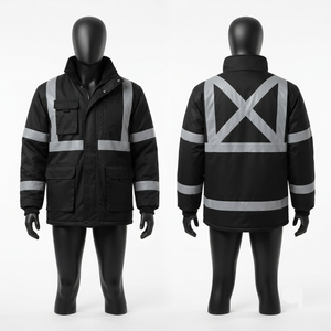 Veste de travail robuste en toile polyester lavée 300 GSM noire réfléchissante avec panneau dorsal en X, boutons personnalisés sur le devant, service OEM - Product Image 1