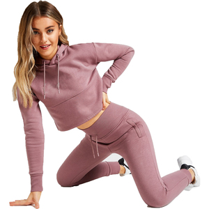 Ensemble de survêtement 2 pièces à capuche pour femme, haut court et pantalon de jogging, couleur unie, tricoté, sportswear décontracté toutes saisons - Product Image 1