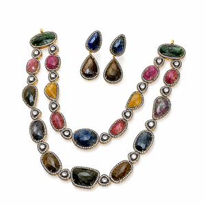 Parure Collier et Boucles d'Oreilles en Argent 925 Plaqué Or avec Pierres Précieuses Multicolores pour Femme, Bijoux Ethniques de Mariée, Idéal Cadeau - Product Image 1