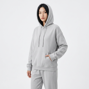 Conjunto Unisex de Sudadera con Capucha y Pantalones Deportivos de Algodón Gris, Color Sólido, Corte Holgado, Largo Completo, Ropa Casual de Otoño con Cordón Ajustable - Product Image 4