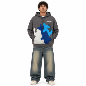 OEM Custom Men <b>Puzzle</b> Patchwork Hoodies Oversized Heavyweight Fleece Color Block Hooded Pullover Top Kangaroo Pocket Streetwear - Product Image 4