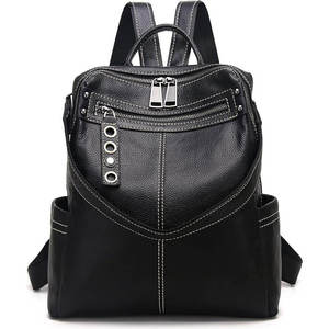 Sac à dos en cuir noir pour femme, gaufré, 80g, surpiqûres contrastées, fermeture éclair, poignée supérieure, œillets métalliques, poches latérales - Product Image 2