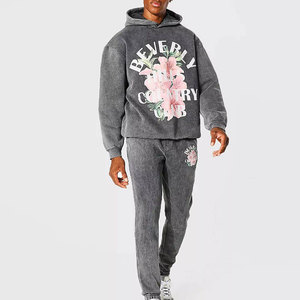 Ensemble de survêtement coupe ample pour homme, bleu marine et rose, imprimé lettres, coupe-vent, avec capuche, style streetwear, en polyester/coton, sweat-shirt et pantalon de jogging - Product Image 1