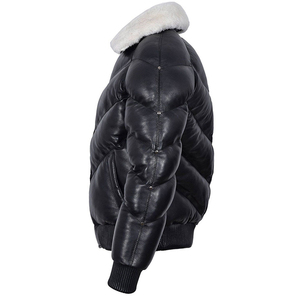 Men's Genuine Leather Bomber Jacket With Faux Fur Collar Windproof Winter Puffer Coat Regular Fit Zipper Closure - Product Image 2