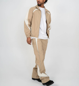 Men's Khaki Windbreaker Tracksuit Set Full Sleeve Sporty Style Turn-<b>down</b> Collar Elastic Waist Regular Fit Autumn Wear - Product Image 4