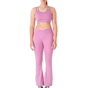 Women's Pink Racerback Sports Bra High Waist <b>Flared</b> <b>Leggings</b> Set Seamless Yoga Activewear Breathable Medium Support Workout - Product Image 1