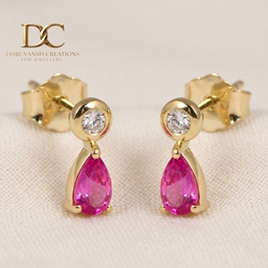 IGI Certified 9K Solid Yellow Gold Lab Grown Diamond and Hot Pink <b>Tourmaline</b> Stud <b>Earring</b> for Women Custom Jewelry Manufacturer - Product Image 1