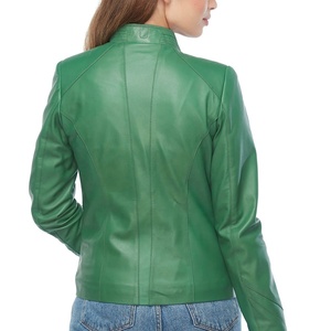 Chaqueta Bomber Transpirable de Piel de Vaca Verde para Mujer, Manga Larga, Cuello Alto, Cierre de Cremallera, Estilo Otoñal - Product Image 2