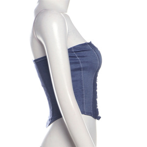 Women's <b>Strapless</b> Denim <b>Corset</b> Top With Lace-Up Front Vintage Style Blue Cotton Spandex Blend Tank Top - Product Image 3