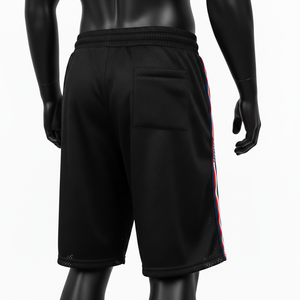 กางเกงว่ายน้ำชายผ้าโพลีเอสเตอร์ตาข่ายคุณภาพสูง สีดำ แต่งแถบสีแดง พิมพ์ลายโลโก้ตามสั่ง แห้งเร็ว - Product Image 4