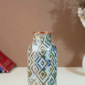 Botella de cobre premium para bebidas, elegante diseño floral, material de cobre, estampado Meena, color azul, acabado brillante, altura 25.5 cm - Product Image 2