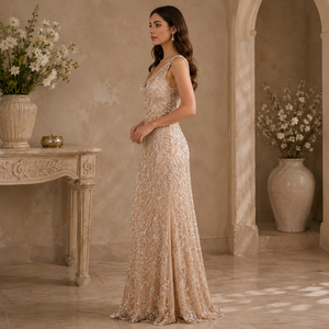 Luxury Champagne Lace Embroidered <b>Sequin</b> Evening Gown Women Elegant Regular Sweetheart Neck Formal Party Wedding Reception - Product Image 3