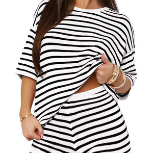 Women's Solid Knitted 2-Piece Set O-Neck <b>Three</b> <b>Quarter</b> Sleeve Regular Fit Knee Casual Top Shorts Breathable Hollow Design 100% - Product Image 1